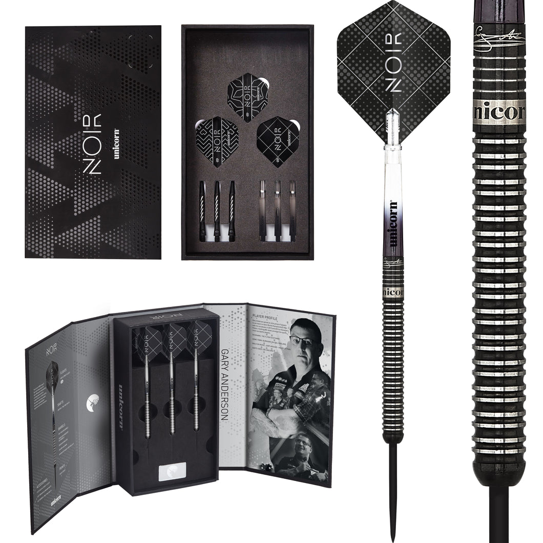 thumbnail interactive-video image 1 of Unicorn Noir Gary Anderson Phase 5 90% Black Tungsten 18g Soft Tip Darts Set 1 of 14