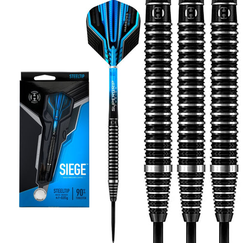 Harrows Siege Darts - Steel Tip - Black & Silver - 90% Tungsten - 21g - 26g