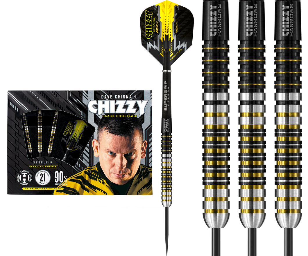 Harrows Dave Chisnall - 90% Tungsten Darts - Steel Tip - Made in England - Chizzy - 21g - 26g