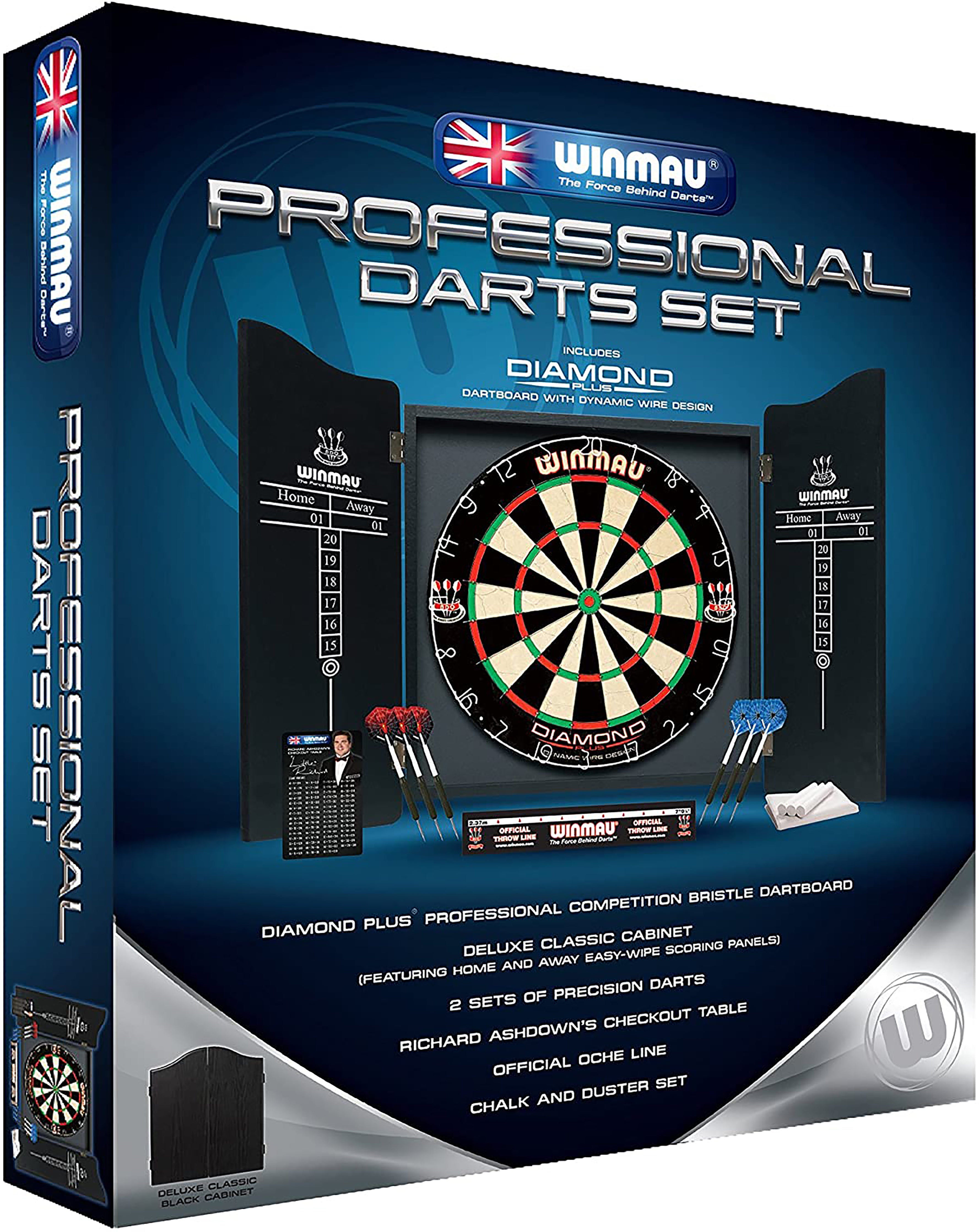 Winmau Professional Dart Set includes Diamond Plus Dartboard - Black High Quality Cabinet - 2 Sets of Darts - Official Oche Line