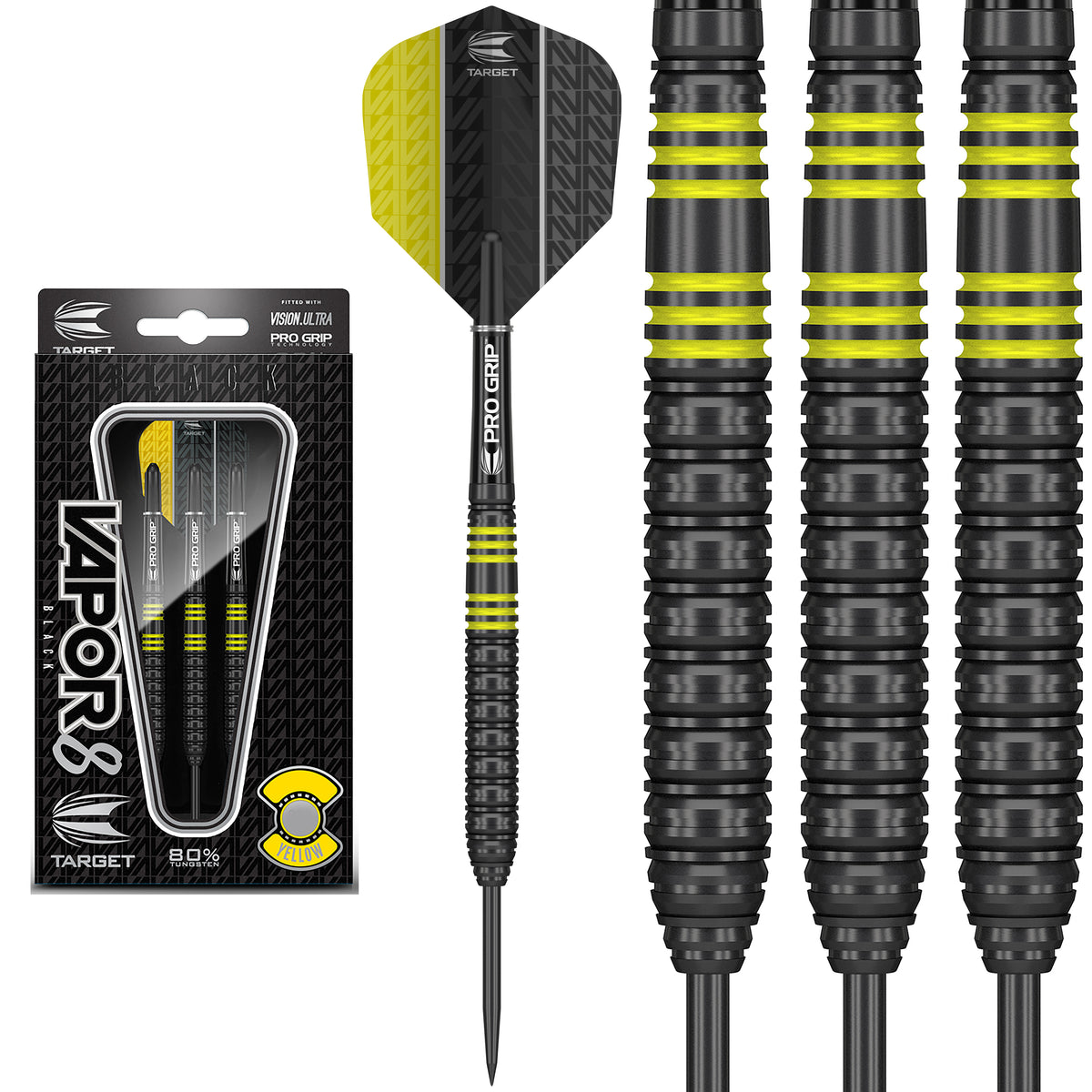 Jeu De Fléchettes Target Vapor 8 Noir – 80 % Tungstène, 23 G, Tiges Pro Grip, Ailettes Vision Ultra, Étui Inclus