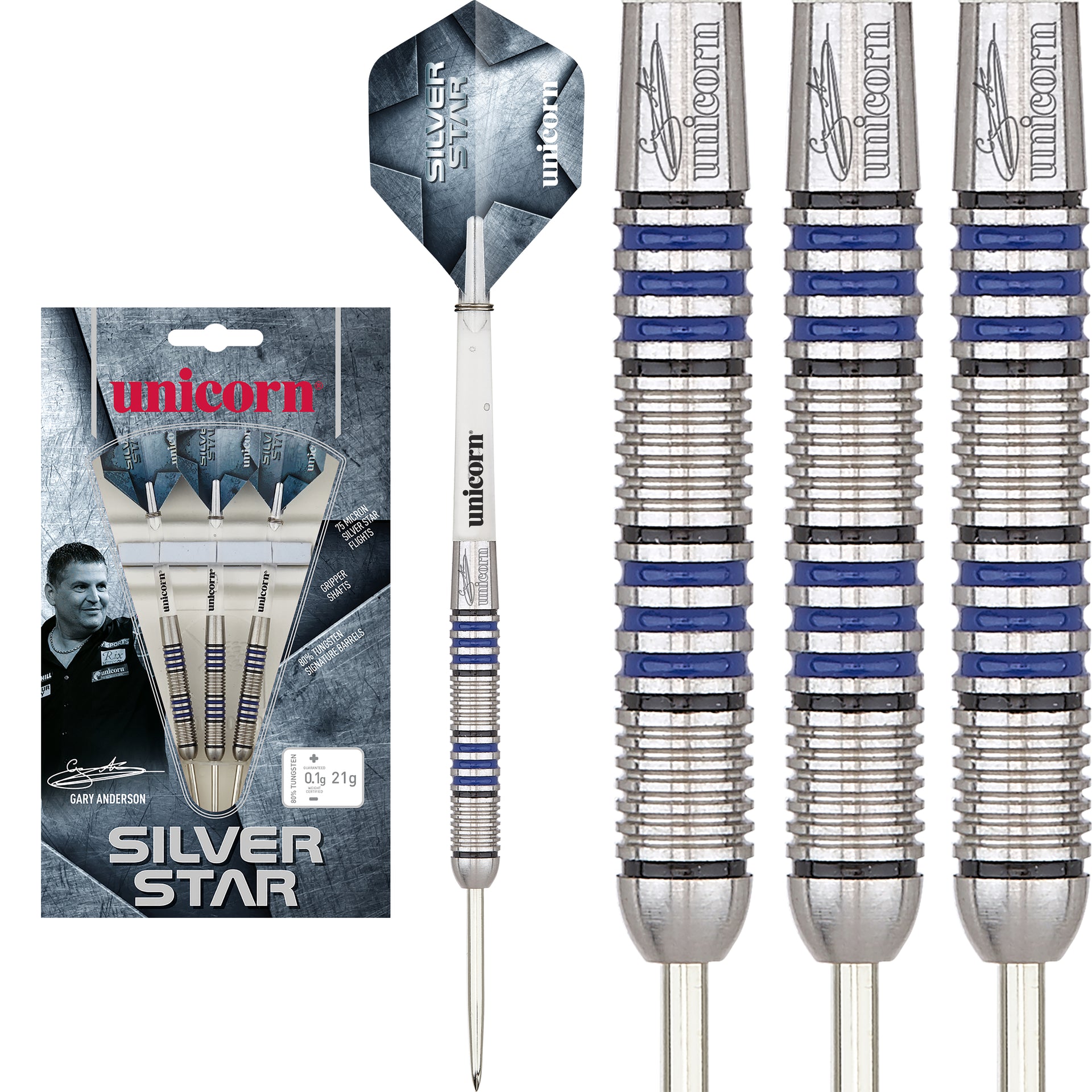Fléchettes Gary Anderson – 80 % Tungstène, 23 G, Baril B, Tiges Gripper 3, Pointe Acier